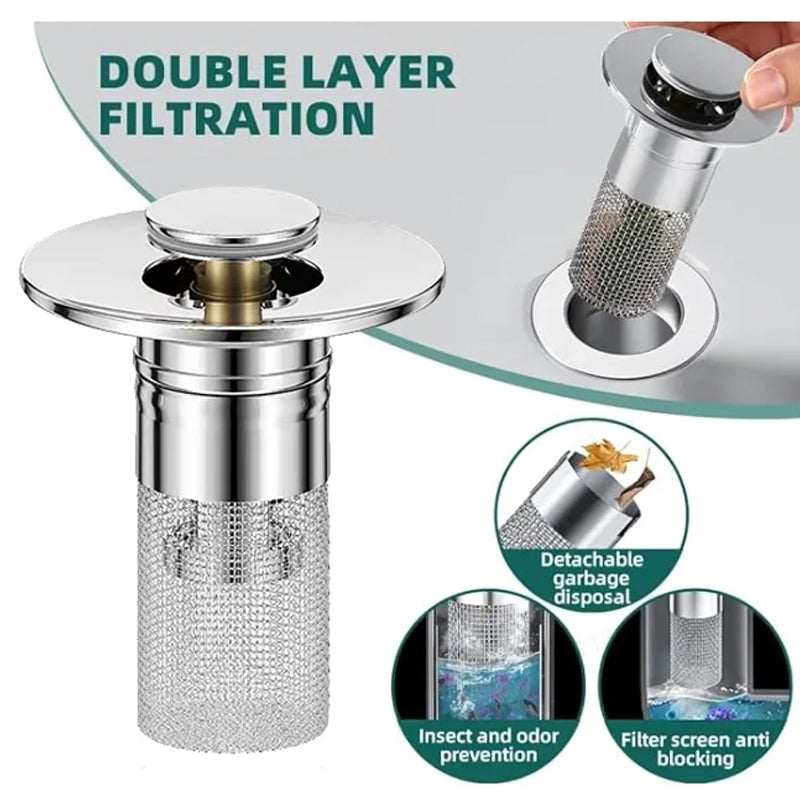 Bathroom sink pop-up drain assembly, stainless steel with an effective anti-clog basket
