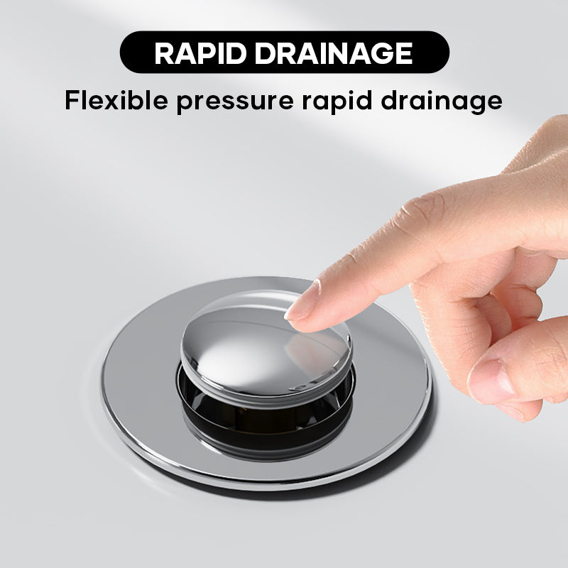 Top view of a stainless steel anti-clog sink drain filter in raised, pop-up position