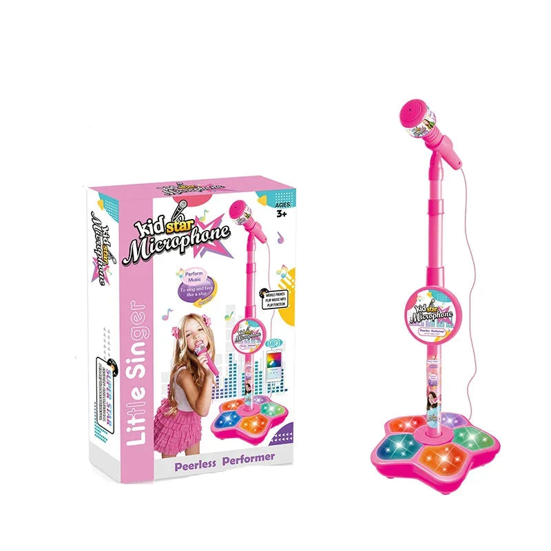 Young child enjoying an adjustable Starvibe kids karaoke microphone and stand.