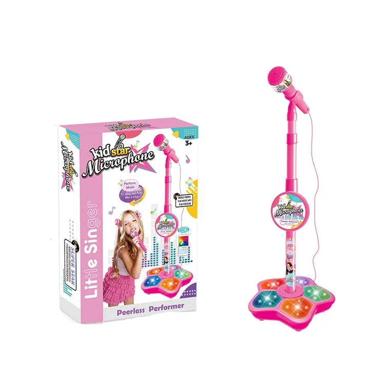 Young child enjoying an adjustable Starvibe kids karaoke microphone and stand.
