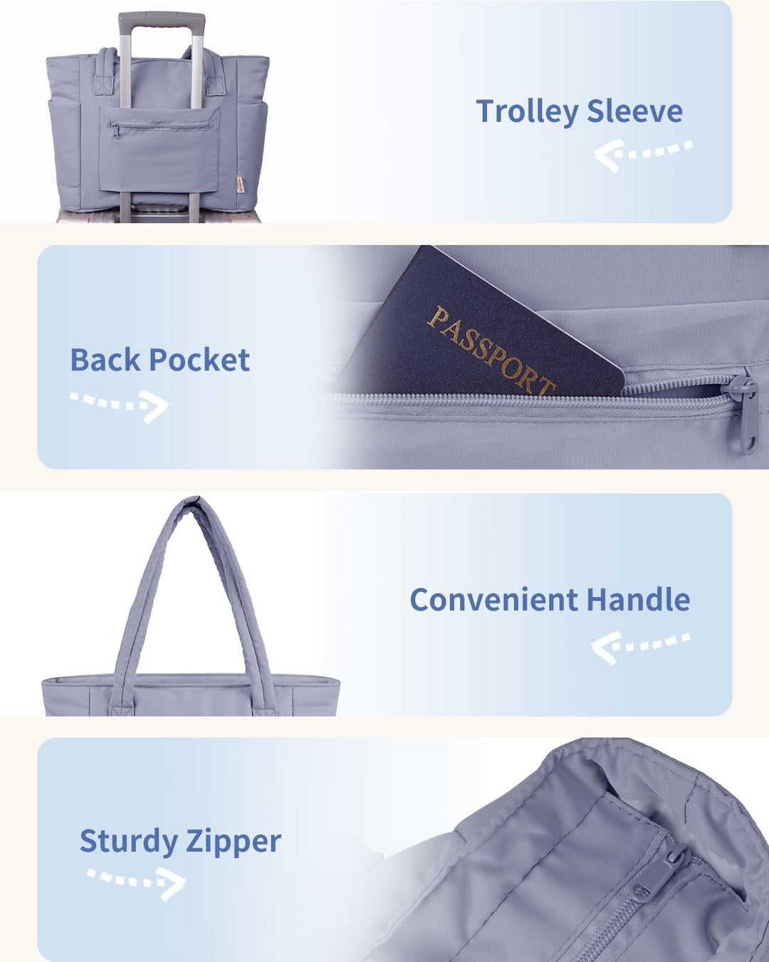 Women's blue quilted travel tote, featuring a cup holder & luggage sleeve.