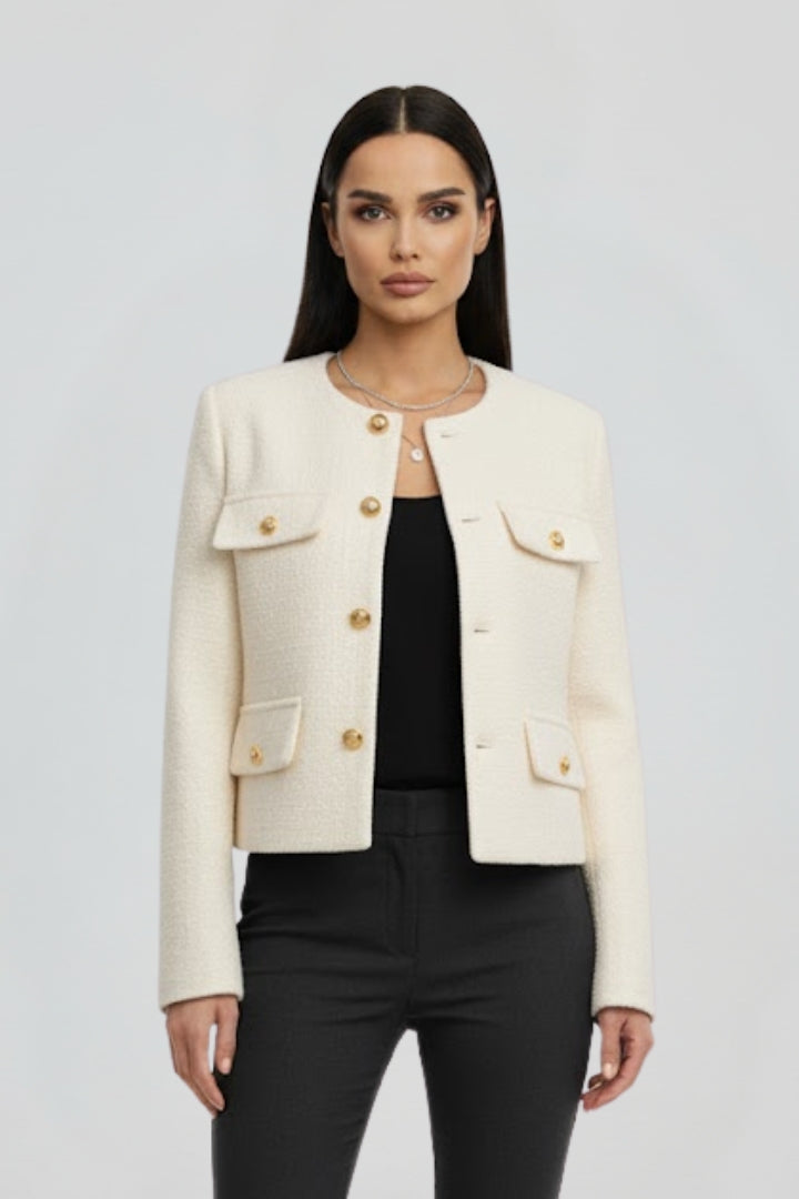 Elegant women's cropped jacket, long sleeve with round neck and button front, versatile outerwear.