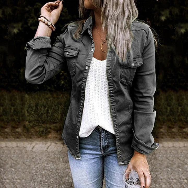 Classic women's denim jacket, Elisa, enhancing spring fashion outfits with its versatile design.