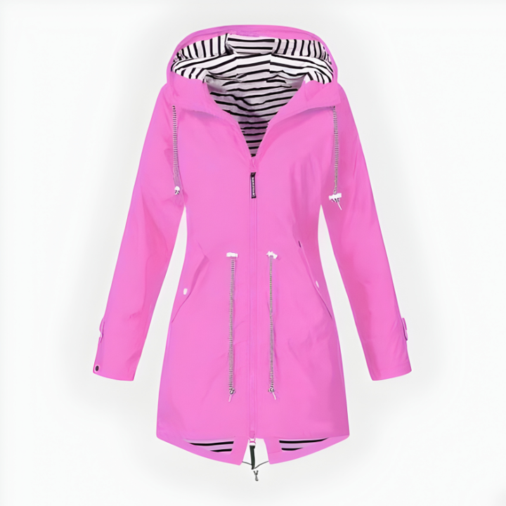 Stylish women's long rain jacket, waterproof & windproof, perfect for all-weather fashion outerwear.
