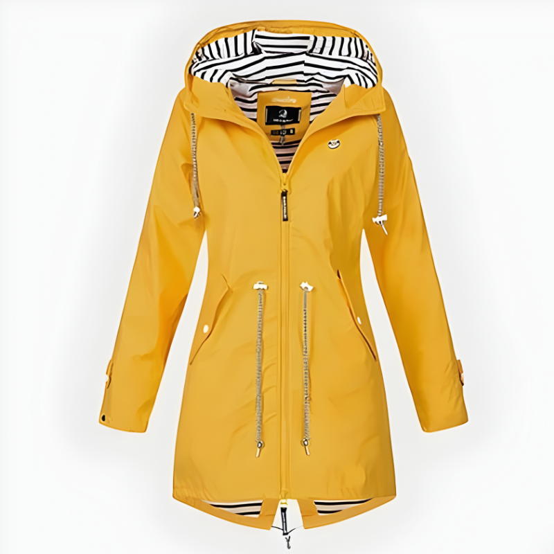 Durable women's long rain jacket, waterproof & windproof, a chic piece of all-weather fashion outerwear.