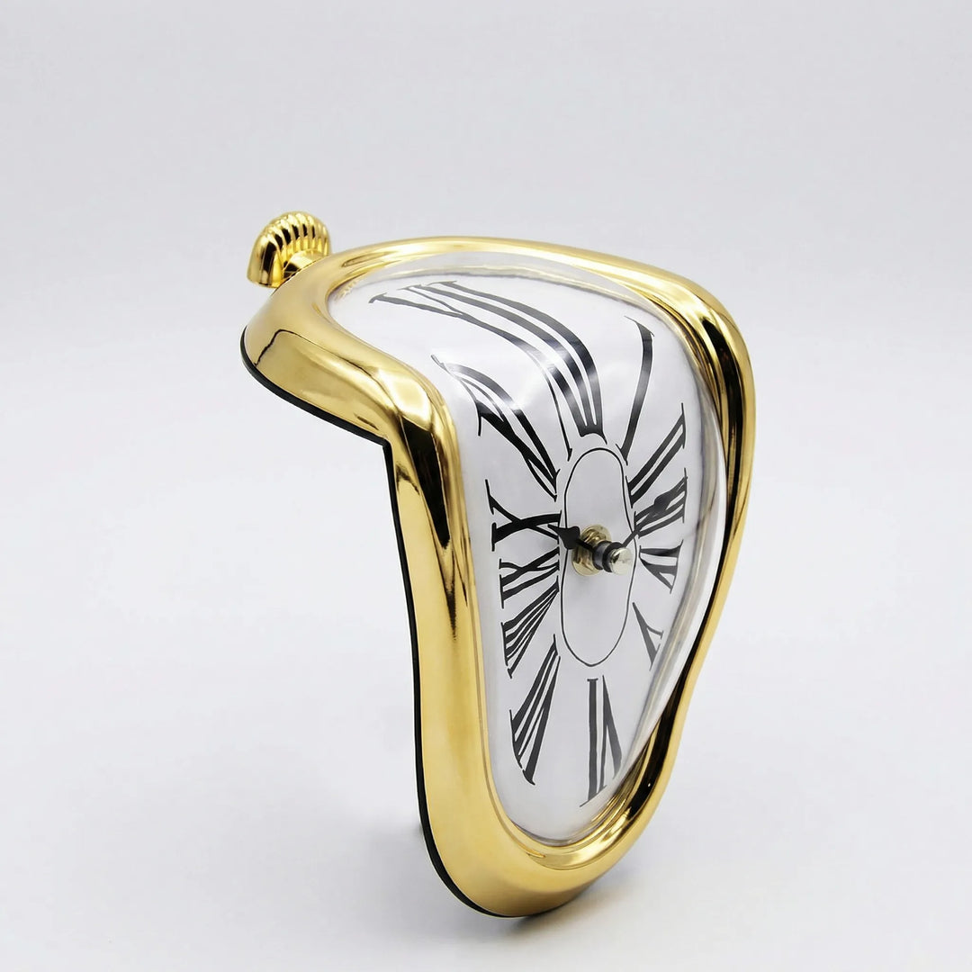 Abstract design mantel clock, a unique melted timepiece for modern shelf and desk decor.