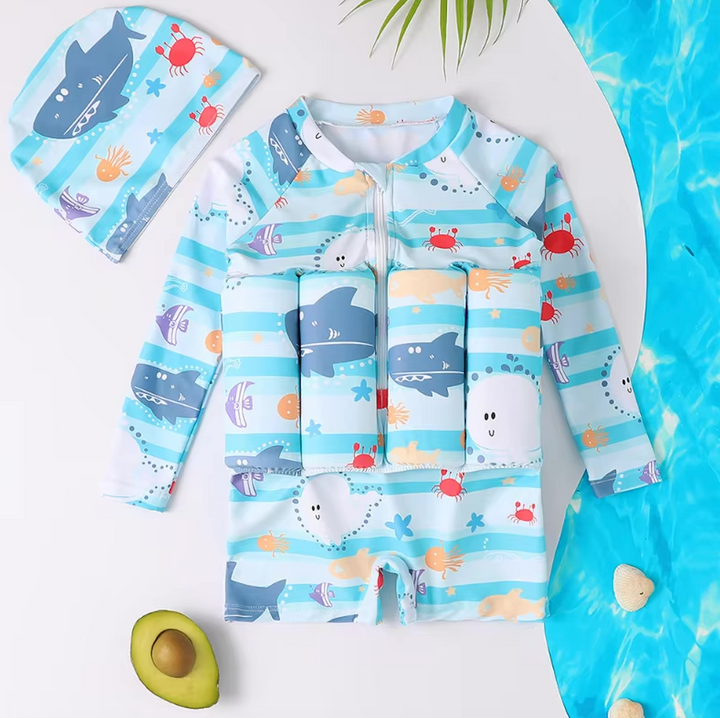 Girls' long-sleeve float vest with UV protection and attached swim shorts.