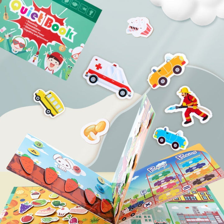 Educational busy book open to a farm animal matching activity, perfect for cognitive learning in toddlers.