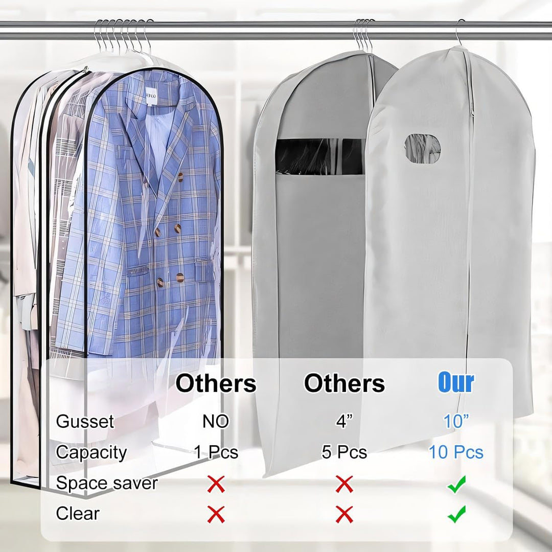 Detail of transparent PEVA garment bag fabric, highlighting clarity and dust protective quality for clothes.