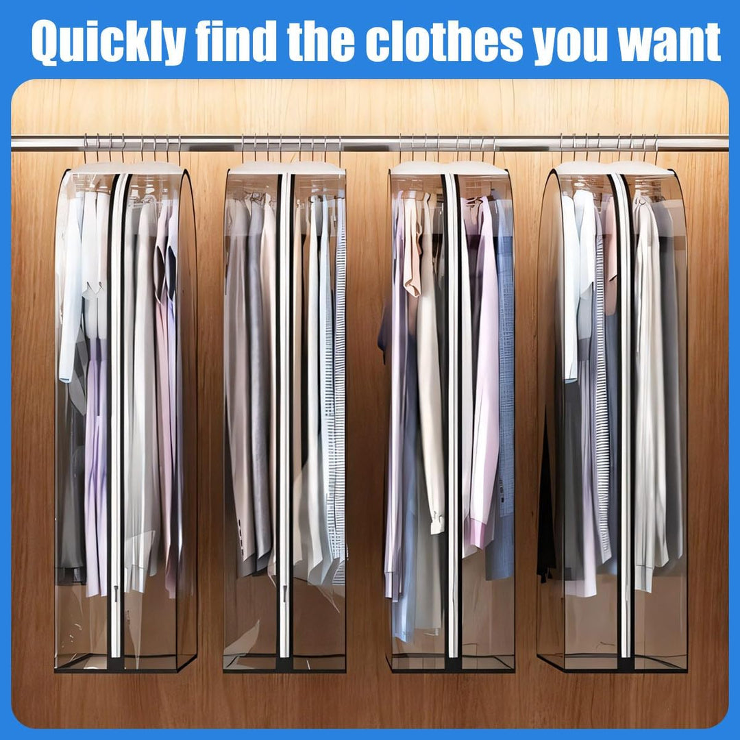 Durable zipper on clear garment cover, ensuring secure clothing storage & dust protection for suits & dresses.