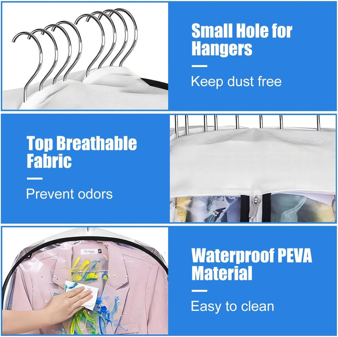 Clear PEVA garment bags, 6-pack, breathable dust protectors for suits, dresses, coats in closet storage.