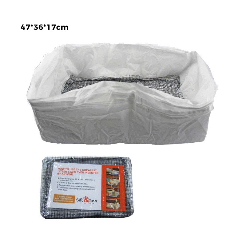 Reusable cat litter liner bag next to a bag of cat litter, suggesting a complete and eco-friendly pet care system.