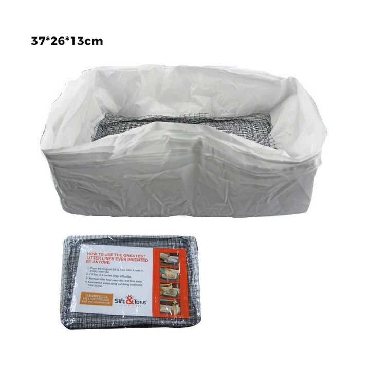 A cat looking curiously at a reusable cat litter liner bag in its litter box, ensuring safe and hygienic pet supplies.