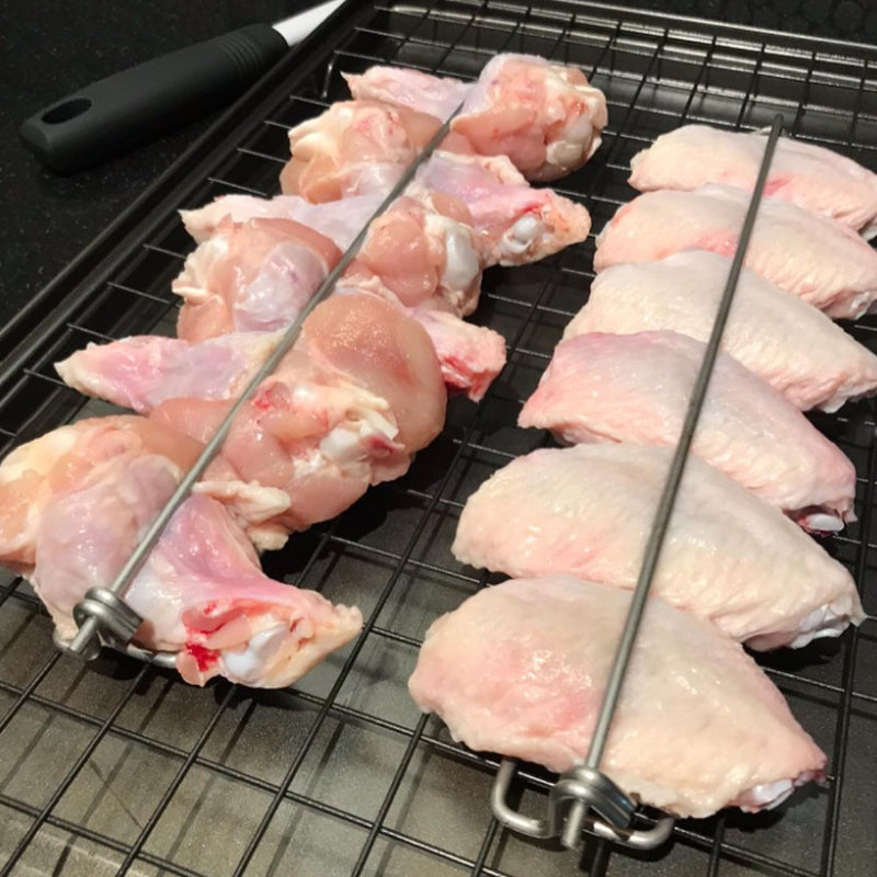 Set of U-shaped reusable stainless steel BBQ skewers for delicious grilled chicken & sausage