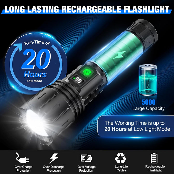 Extremely bright 100,000 lumen LED tactical flashlight, versatile for camping, hiking & emergency situations.