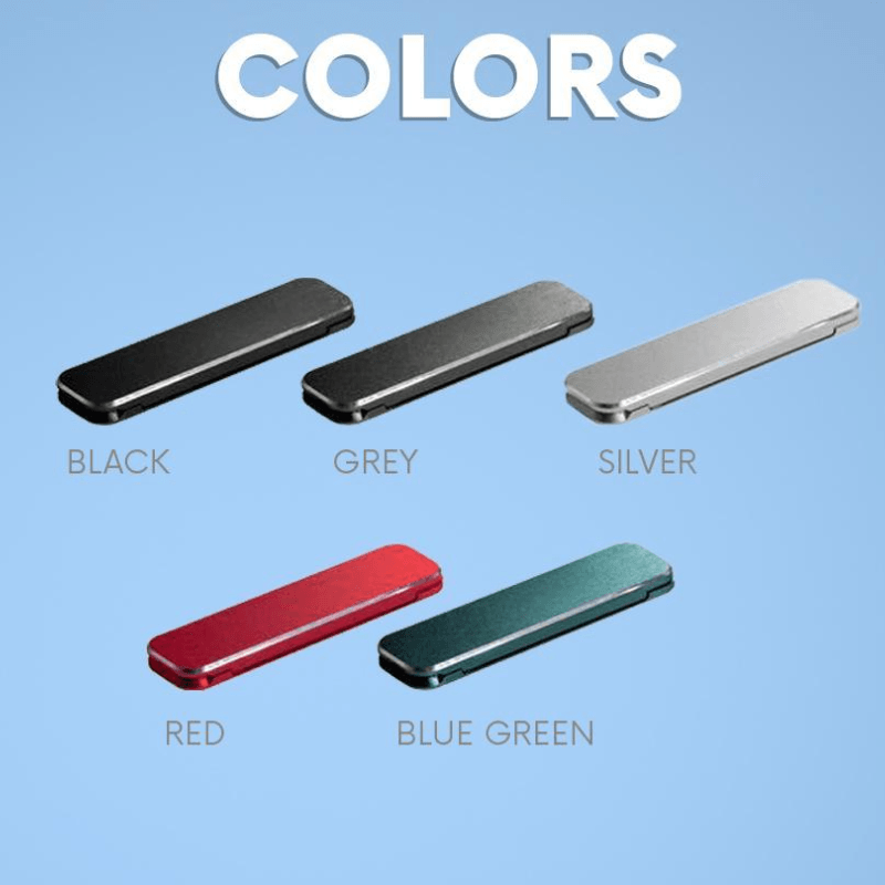 Adjustable ultra-thin phone stand, black, adheres to phone for hands-free use, great mobile accessory.