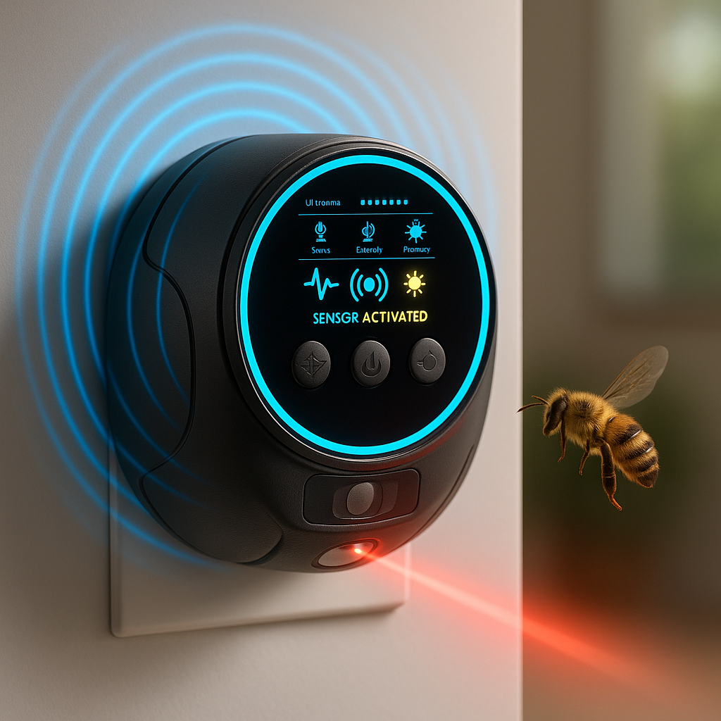 Powerful 360° ultrasonic bee & wasp repellent for complete outdoor pest control.