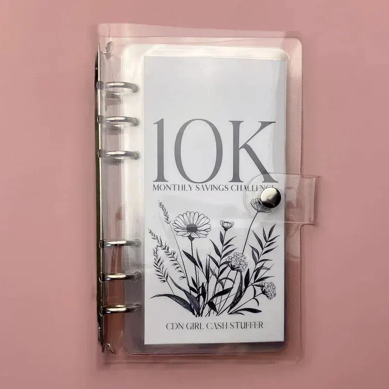 Unisex 12-Month Money Saving Challenge Binder with cash stuffing envelopes, open to show interior.