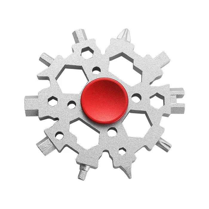 Lifestyle shot of snowflake multitool being used as a spinner, featuring its compact design