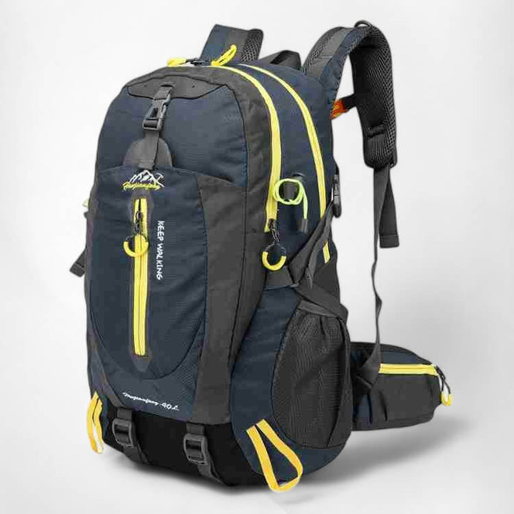 Unisex 40L waterproof blue hiking backpack. Perfect for outdoor adventures, camping, and travel.