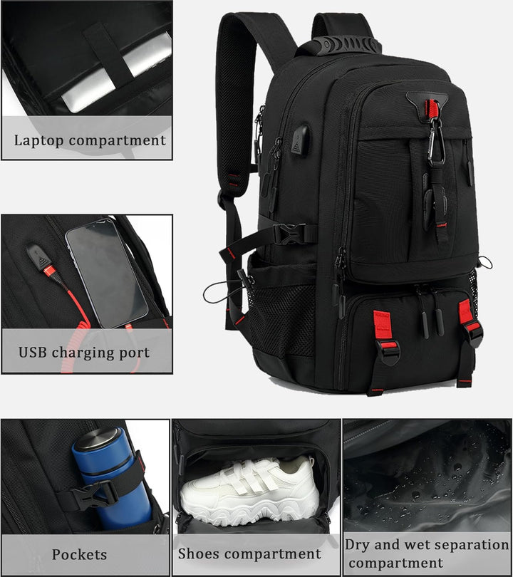 Large capacity unisex travel backpack, ideal for business trips & adventure, with laptop & shoe storage.