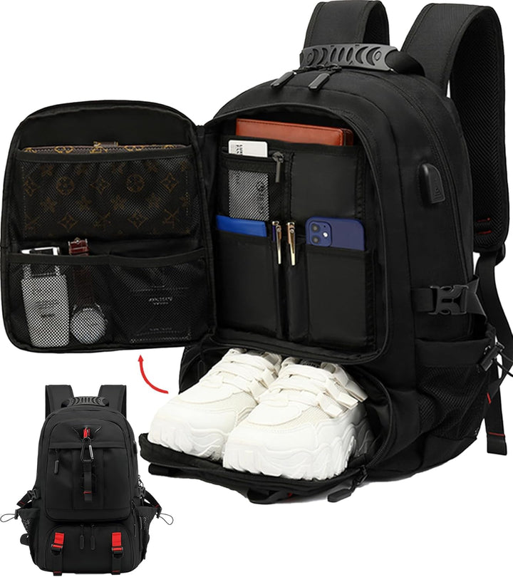 Unisex 60L waterproof travel laptop backpack with USB port & dedicated shoe compartment for adventure travel.