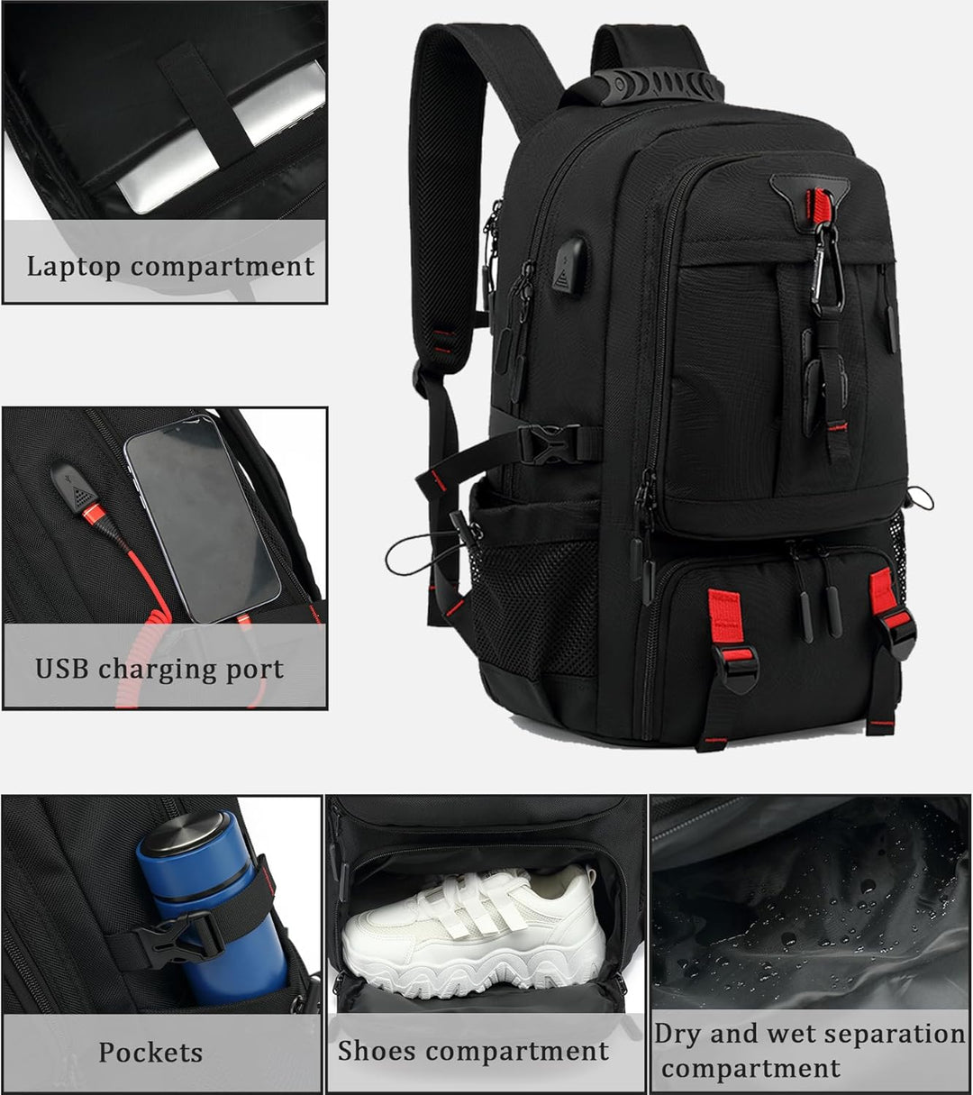 Large capacity 60L travel backpack with anti-theft design, USB charging port, & water-resistant material for trips.