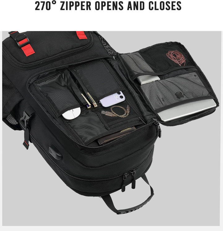 Spacious unisex laptop backpack, 60L, with built-in USB charger, shoe pocket & water-resistant fabric for work or travel.