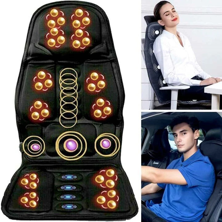 Unisex heated massage pad for chair, delivering portable back & neck relaxation and muscle pain relief.