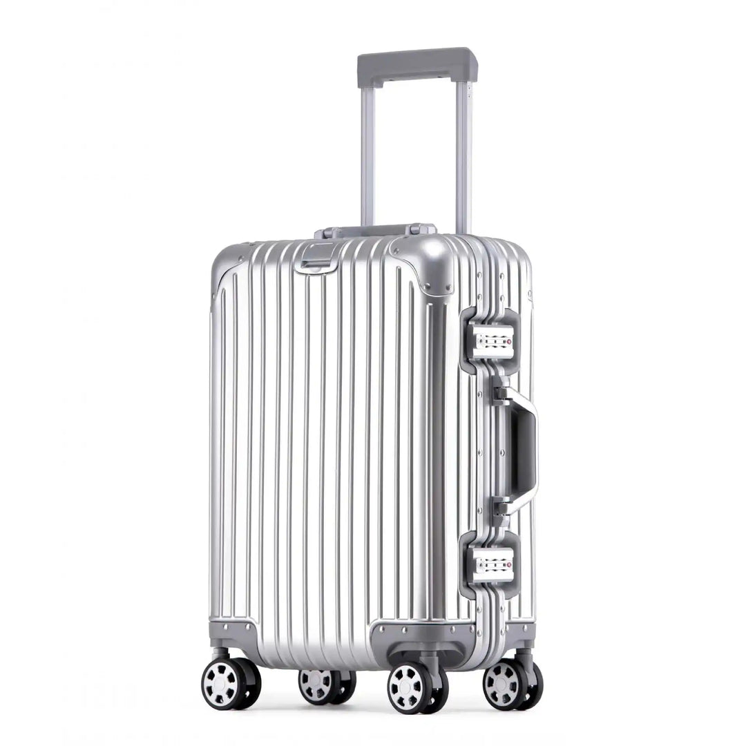 Versatile aluminum hard shell travel bag with reliable spinner wheels, perfect for business and leisure.