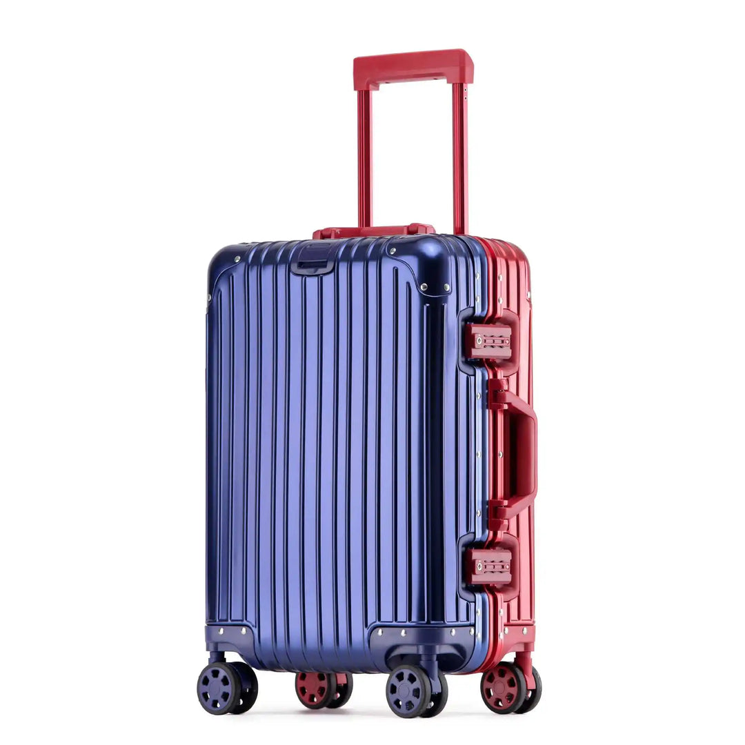 Heavy-duty aluminum hard shell travel bag with integrated TSA lock, offering maximum security for belongings.