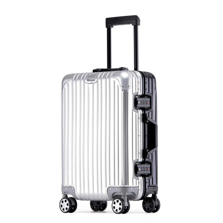 Stylish unisex aluminum suitcase, a strong hard shell travel bag with multi-directional spinner wheels.