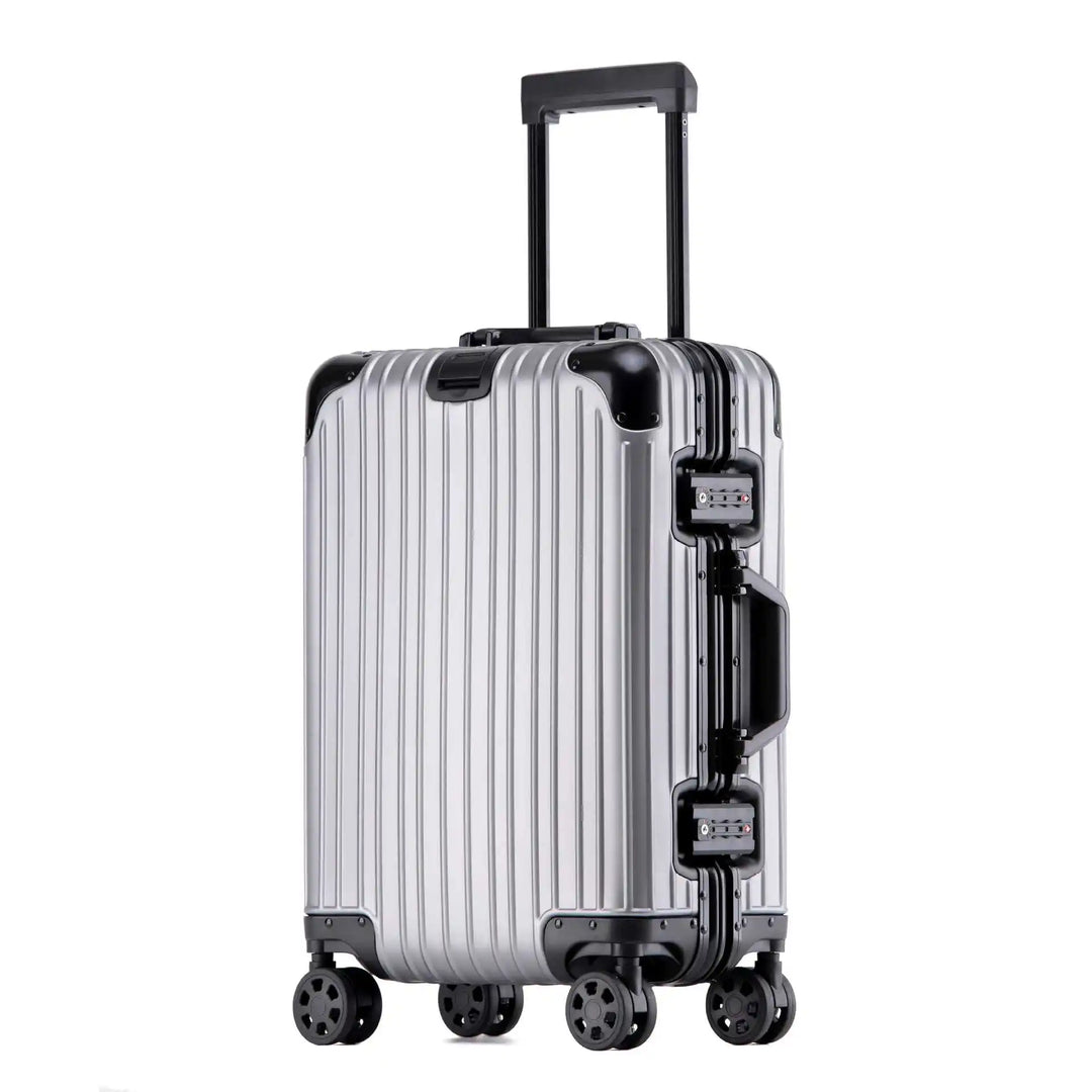 Robust aluminum travel bag, a durable hard shell suitcase with spinner wheels for easy mobility.