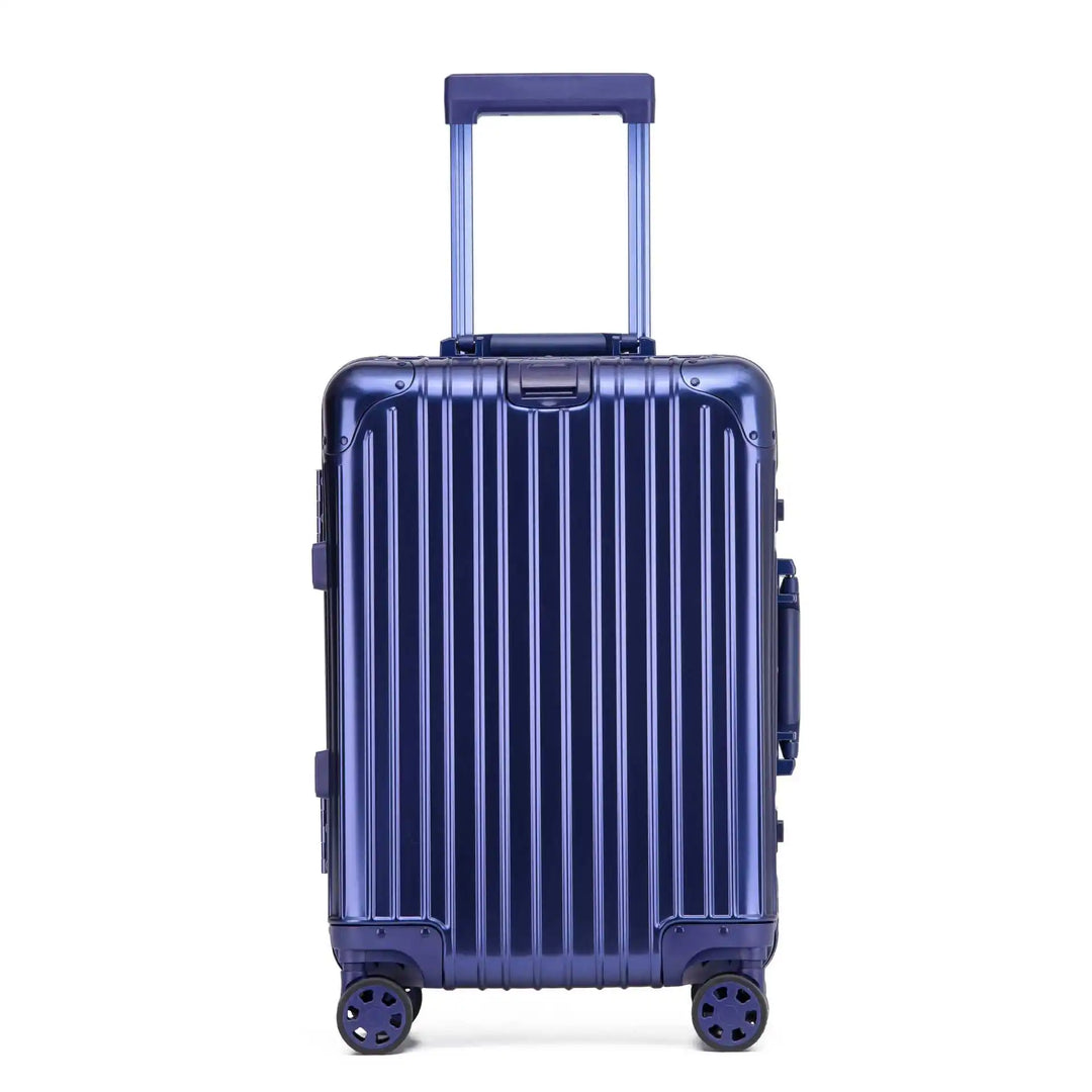 Unisex metallic aluminum luggage, a hard shell suitcase with spinner wheels for all your vacation needs.