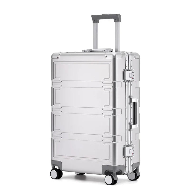 Sleek unisex aluminum travel bag with spinner wheels & secure TSA lock.
