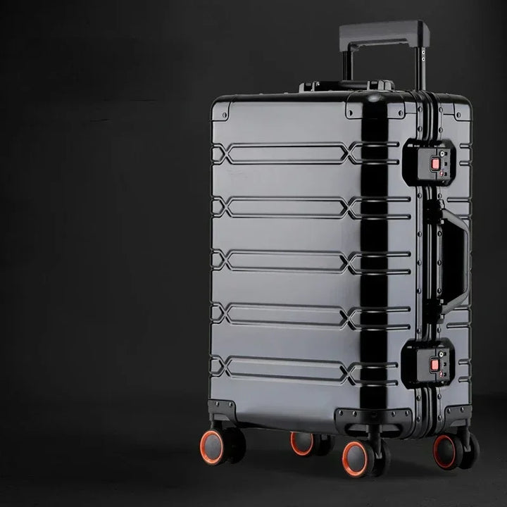 Spacious interior of an aluminum-magnesium hard shell spinner suitcase, showing packing straps.