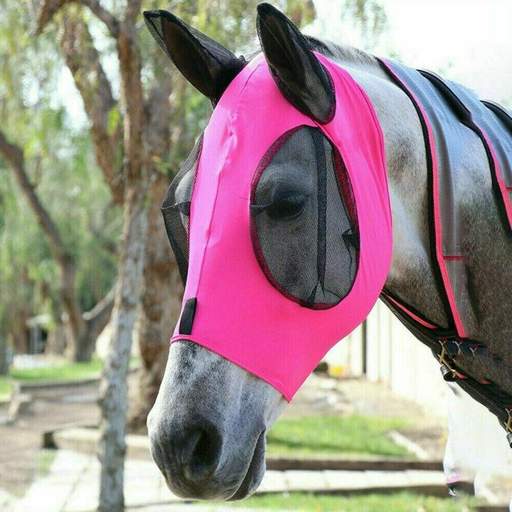 Front view of the unisex anti-fly horse mask, showing the eye and ear protection for optimal animal welfare.