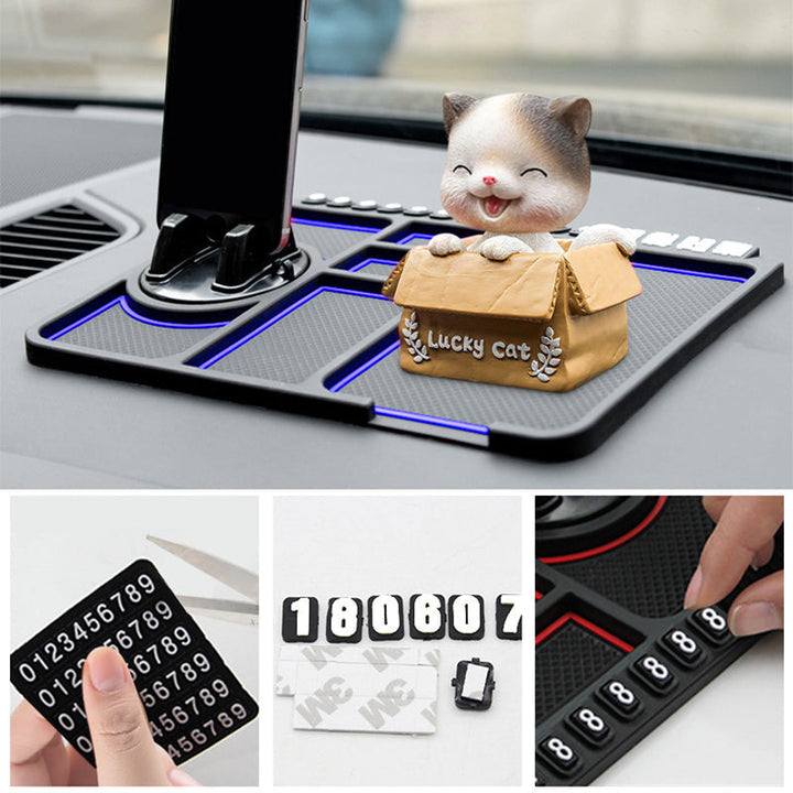 Unisex anti-skid car dashboard phone pad, black silicone, holds smartphone & small items