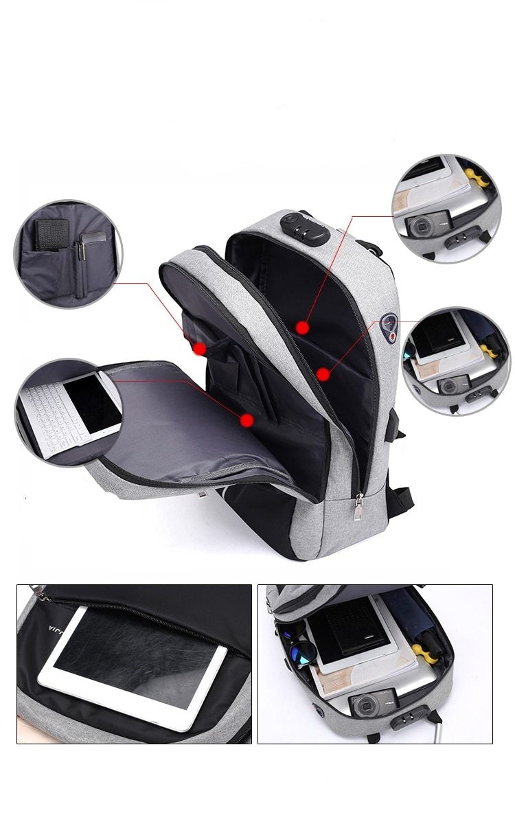 Detail of external USB charging port on a water-resistant anti-theft backpack. Convenient for charging devices on the go.