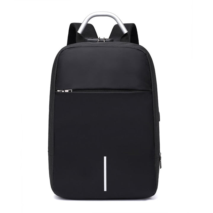 Anti-theft travel backpack secured on luggage. Water-resistant SafeCarry daypack with USB charging for international trips.