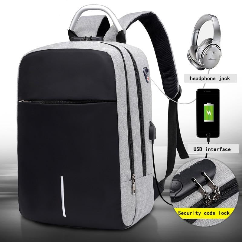 Secure travel backpack with anti-theft design, water-resistant exterior, and USB charge port for laptops.