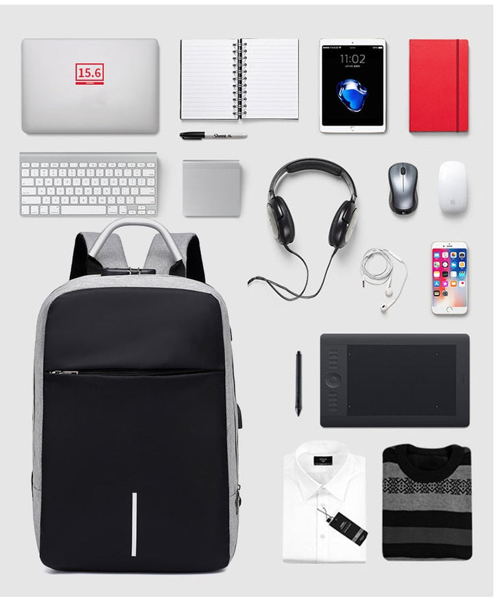 Tech-ready anti-theft backpack for laptops, water-resistant, with integrated USB charging port for devices.