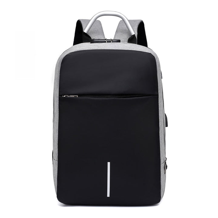 Detail of anti-theft backpack showing hidden zippers, water-resistant fabric, and external USB charging port.