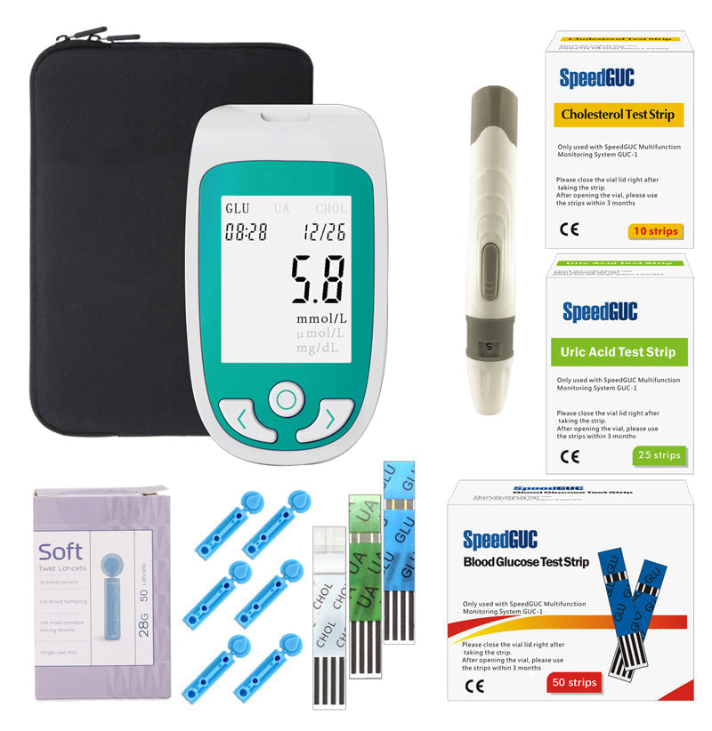 Personal health monitor for at-home blood tests: cholesterol, glucose, and uric acid results.