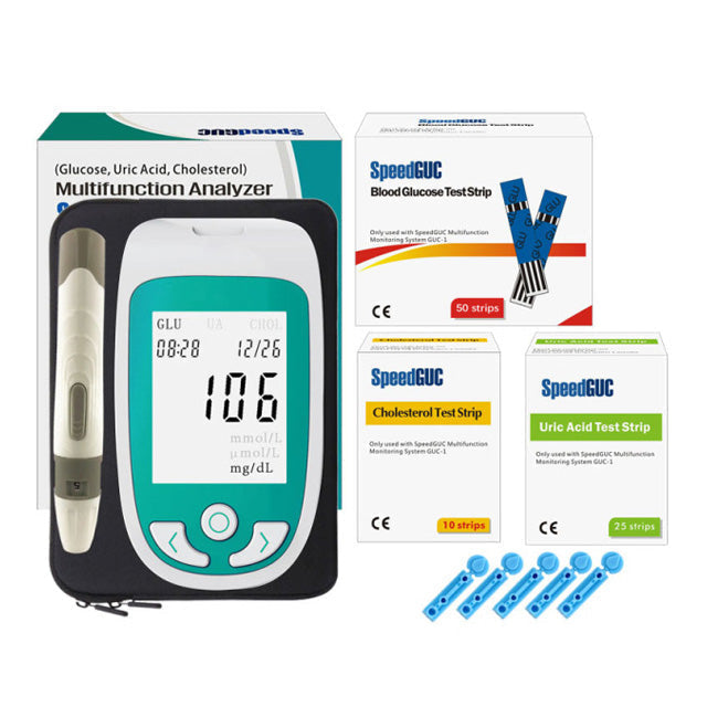 At-home wellness tracker: quickly test cholesterol, blood glucose, and uric acid with this monitor.