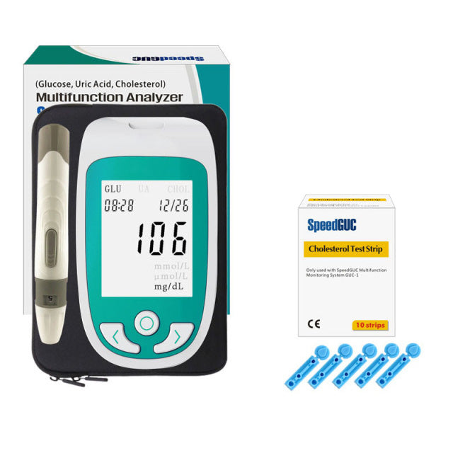 Unisex health monitor for tracking cholesterol levels, blood glucose, and uric acid at home.