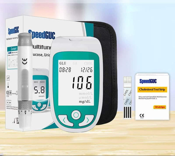 Digital health monitor for cholesterol, glucose, uric acid. Perfect for at-home wellness tracking.