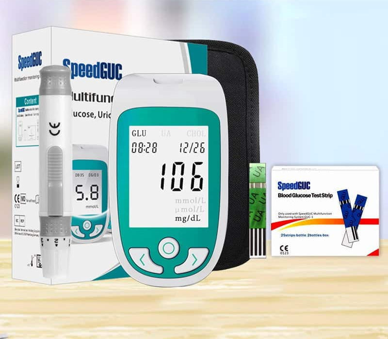 Quick results health monitor for at-home cholesterol, glucose, and uric acid testing. Medical device.