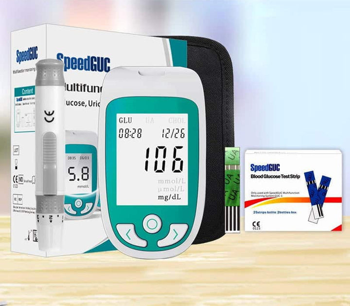 Quick results health monitor for at-home cholesterol, glucose, and uric acid testing. Medical device.