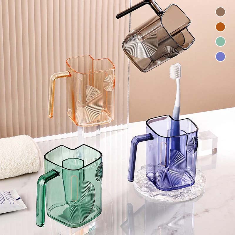 Unisex bathroom rinse cup with integrated toothbrush holder in a modern bathroom setting, white background
